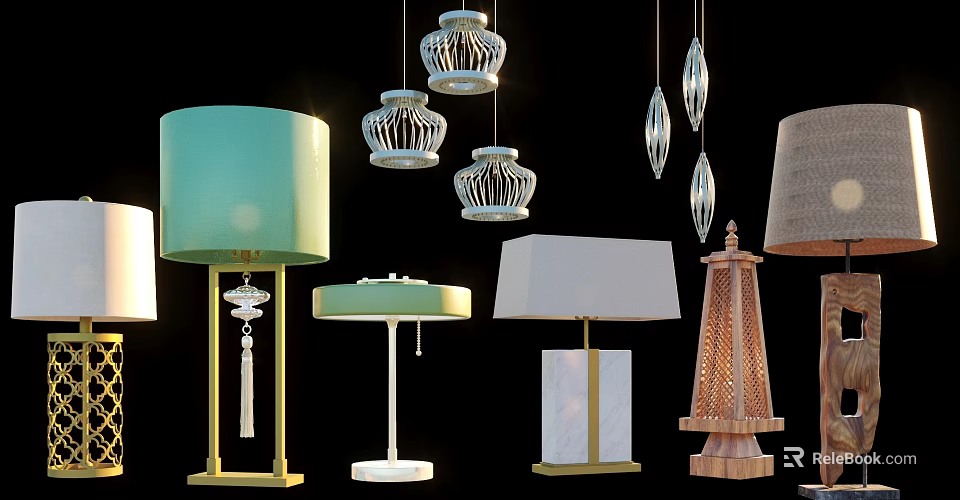 Modern Table Lamps With Green White Shades Gold Base And Rattan Design Elements 3d model 