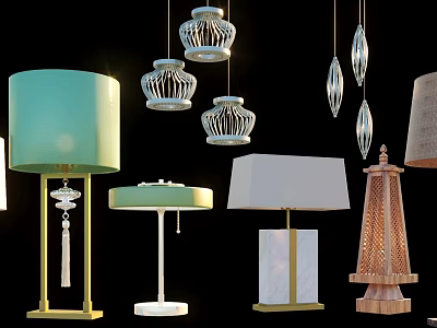 Modern Table Lamps With Green White Shades Gold Base And Rattan Design Elements 3d model