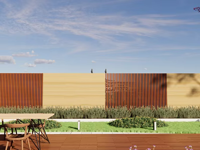 Courtyard Garden With Wooden Fence Outdoor Dining Table And Green Lawn 3d model