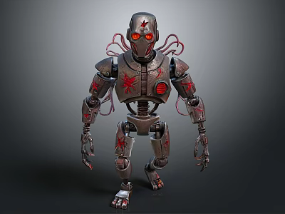 Game Movie Character Robot With Metal Armor Red Glowing Eyes And Red Emblems 3d model