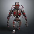 Game Movie Character Robot With Metal Armor Red Glowing Eyes And Red Emblems