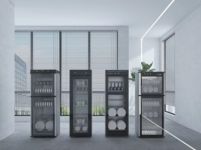 Modern Kitchen Interior With Four Black Glass Door Cabinets Holding Plates And Cups 3d model