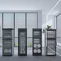 Modern Kitchen Interior With Four Black Glass Door Cabinets Holding Plates And Cups