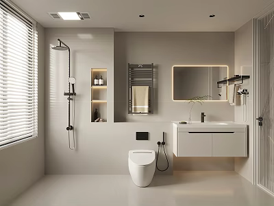 Modern Bathroom Interior Design With Toilet Vanity Backlit Mirror And Shower Area 3d model