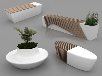 Modern Public Chairs With Wooden Slats White Body And Decorative Plants 3d model