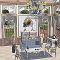 Elegant Hotel Public Lounge Area With Chandelier Large Windows And Comfortable Seating