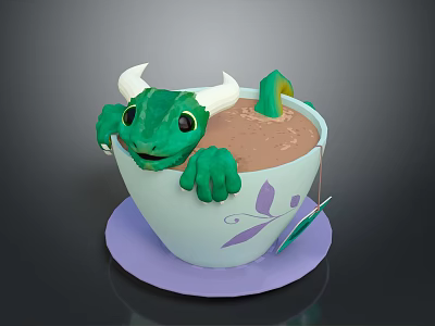 Creamy Brown Hot Cocoa With Green Dragon Decor Light Cup Purple Leaf Design Purple Coaster 3d model