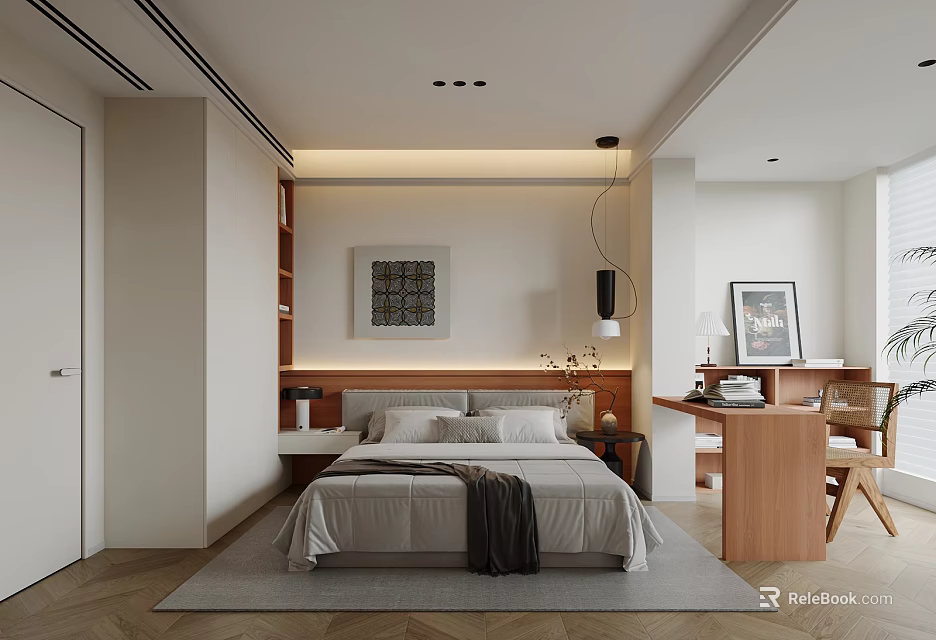 Modern Bedroom Interior Design With Bedside Table Decorative Artwork Wooden Desk Chair And Rug 3d model 