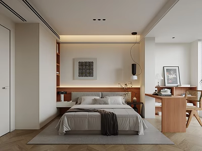 Modern Bedroom Interior Design With Bedside Table Decorative Artwork Wooden Desk Chair And Rug 3d model