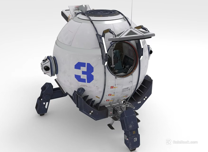 Spherical White Space Capsule With Number 3 And Landing Legs Design 3d model
