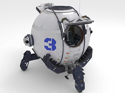 Spherical White Space Capsule With Number 3 And Landing Legs Design 3d model