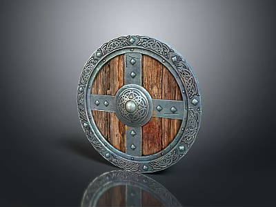 Medieval Circular Shield Weapon With Wooden Center Metal Rim And Decorative Rivets 3d model