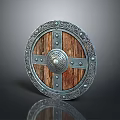 Medieval Circular Shield Weapon With Wooden Center Metal Rim And Decorative Rivets