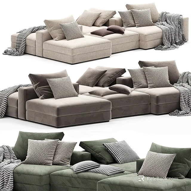 Modern Sectional Sofa With Beige Gray Green Upholstery Pillows And Throws 3d model 