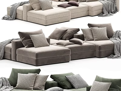 Modern Sectional Sofa With Beige Gray Green Upholstery Pillows And Throws 3d model