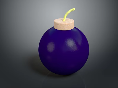 Purple Spherical Bomb With Wooden Cork And Yellow Fuse On Gray Background 3d model