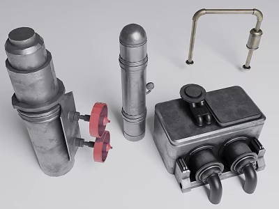 Metal Mechanical Components Featuring Cylindrical Parts Red Wheel Attachments And Rectangular Metal Box 3d model