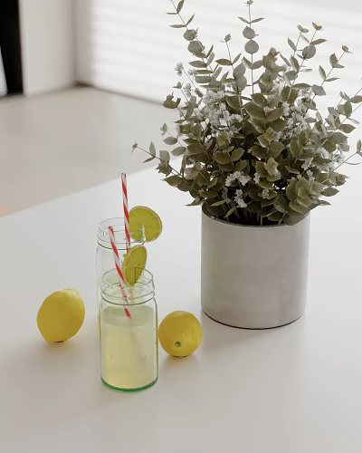 Fresh Lemonade Glasses With Lemons Straws And Green Plant In Concrete Pot 3d model