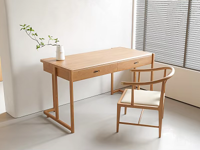 Minimalist Wooden Desk With Matching Chair Potted Plant And Window Blinds 3d model
