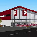 Service Area Exterior with Red and White Building Glass Windows P Signs Benches and Trees