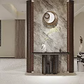 Modern Entryway Cabinet and Sideboard with Marble Background Round Mirror and Vase