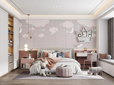 Whimsical Kids Room Interior With Cloud Wallpaper Moon Decor Stuffed Toys And Pink Chair 3d model