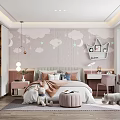 Whimsical Kids Room Interior With Cloud Wallpaper Moon Decor Stuffed Toys And Pink Chair
