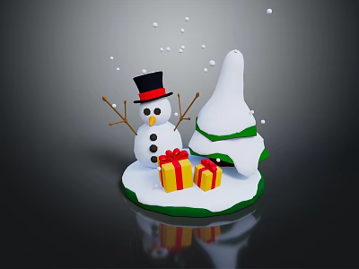 Snowman Sculpture Featuring Christmas Tree Gift Boxes Falling Snowflakes On White Base With Reflection 3d model