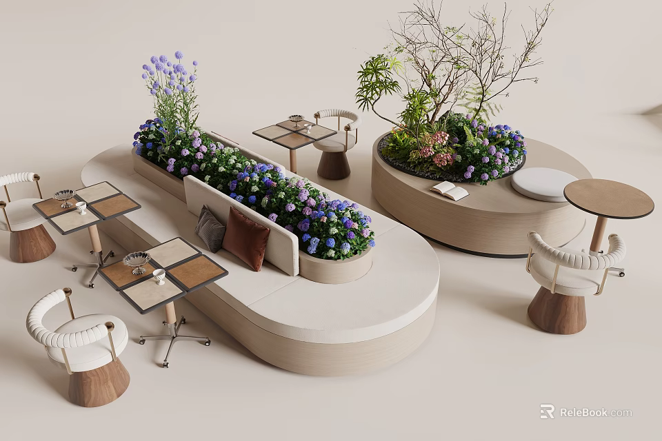 Cozy Banquette Sofa In Modern Lounge With Potted Plants And Small Tables 3d model 