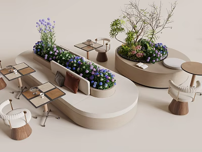 Cozy Banquette Sofa In Modern Lounge With Potted Plants And Small Tables 3d model