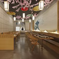 Japanese Restaurant Interior With Bar Counter Stone Top Wooden Wine Rack And Cherry Blossom Decor
