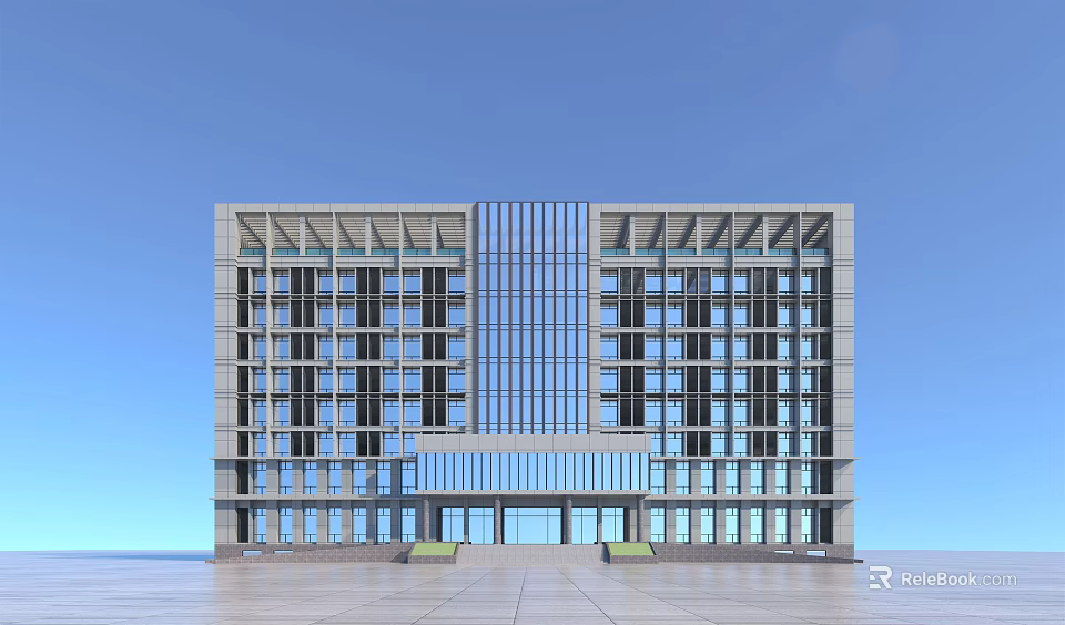 Modern Office Building Exterior With Glass Curtain Wall Multi Story Structure And Grand Entrance 3d model 
