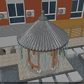 Traditional Garden Pavilion With Gray Tiled Roof And Blue Hanging Chains By Orange Building