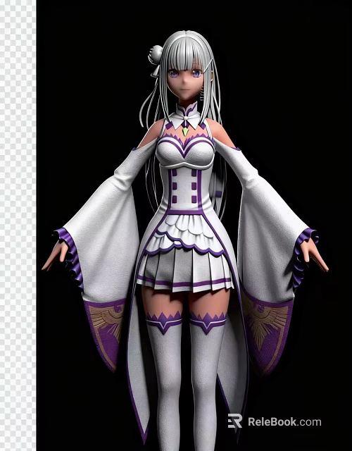 Woman In White And Purple Outfit With Long Sleeves Pleated Skirt And Ornate Details 3d model 