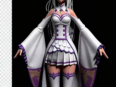 Woman In White And Purple Outfit With Long Sleeves Pleated Skirt And Ornate Details 3d model