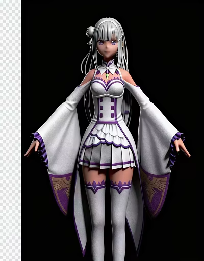 Woman In White And Purple Outfit With Long Sleeves Pleated Skirt And Ornate Details 3d model