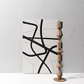 Abstract Black Line Painting With Wooden Multi Tiered Candlestick On White Background