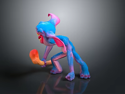 3D Fantasy Game Movie Character With Blue Pink Gradient Large Ears And Orange Object 3d model