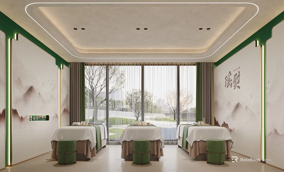 Elegant New Chinese Style Beauty Salon Treatment Room With Soft Lighting And Comfortable Massage Beds 3d model 
