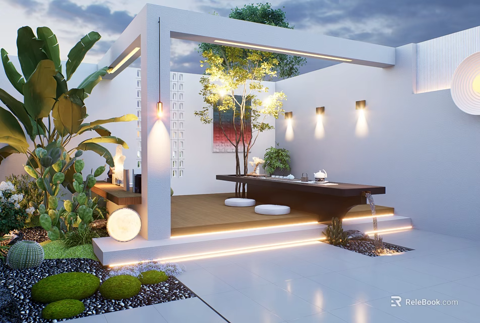 Modern Courtyard Garden Design With Lush Plants Ambient Lighting And Cozy Seating Area 3d model 