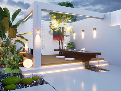 Modern Courtyard Garden Design With Lush Plants Ambient Lighting And Cozy Seating Area 3d model