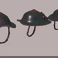 Three Vintage Metal Helmets With Red Top Accents Red Edge Trim And Brown Leather Straps