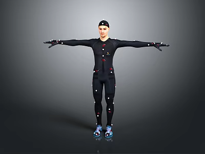 Man in black tight suit with hat stretching arms wearing blue shoes on gray background 3d model