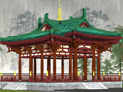 Traditional Chinese Ancient Pavilion With Green Roof Red Pillars And Rainy Scene Surrounded By Trees 3d model