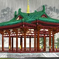Traditional Chinese Ancient Pavilion With Green Roof Red Pillars And Rainy Scene Surrounded By Trees