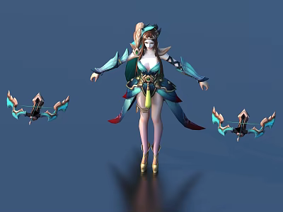 Game Movie Character in Green Blue Ornate Outfit with Decorative Side Weapons and Golden Shoes 3d model