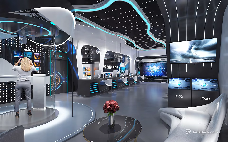 Modern Tech Exhibition Hall Reception Desk With Display Screens Blue Lighting Sofa And Flower Decoration 3d model 