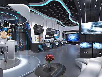 Modern Tech Exhibition Hall Reception Desk With Display Screens Blue Lighting Sofa And Flower Decoration 3d model