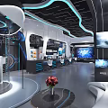 Modern Tech Exhibition Hall Reception Desk With Display Screens Blue Lighting Sofa And Flower Decoration