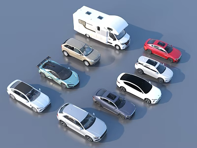 Various Cars in Different Colors Including Sedan SUV and RV Models 3d model